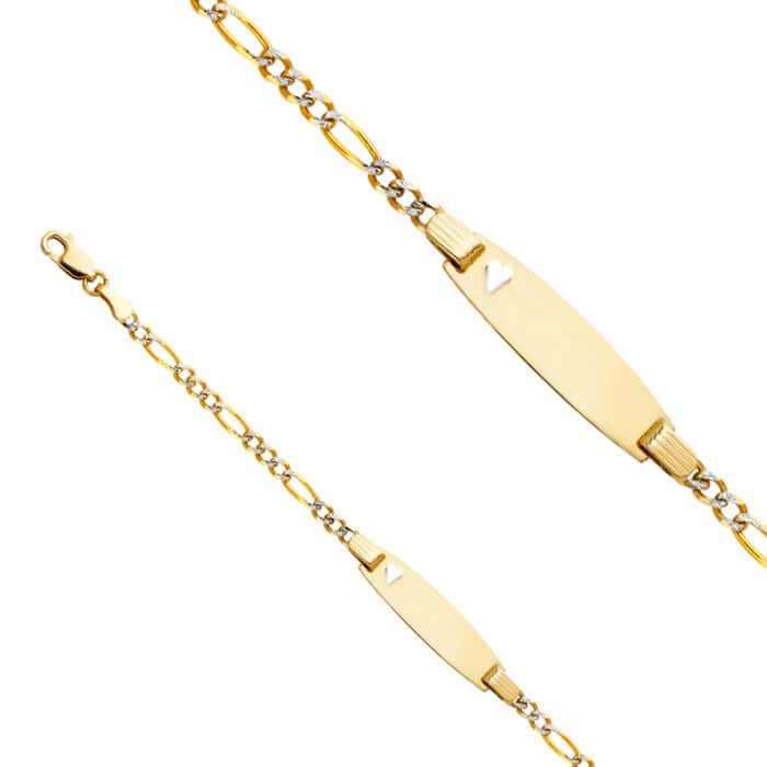 14K Two Tone Gold Figaro 3+1 WP Baby Oval ID with Heart Bracelet - 6" - Image 2