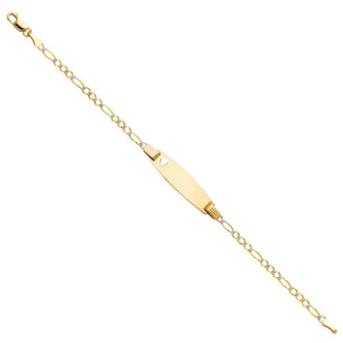 14K Two Tone Gold Figaro 3+1 WP Baby Oval ID with Heart Bracelet - 6"
