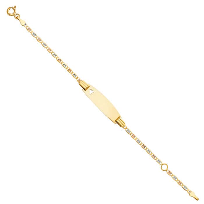 14K Tri Color Gold Valentino Star Diamond Cut Oval ID with Heart Bracelet - 5+1"
