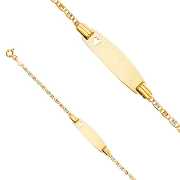 14K Tri Color Gold Valentino Star Diamond Cut Oval ID with Heart Bracelet - 5+1" - Image 2