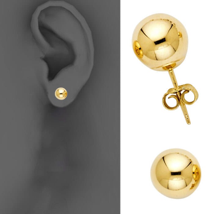 14K Yellow Gold 7mm Stud Ball Earrings w/Push - Image 3