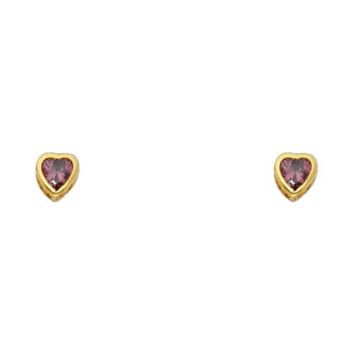 14K Yellow Gold 4mm Cubic Zirconia Heart Bezel Stud Earrings w/Screw(JUN)