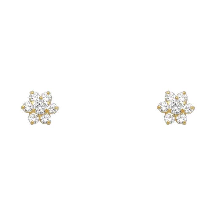 14K Yellow Gold Flower Cubic Zirconia Stud Earrings w/Screw(APR)