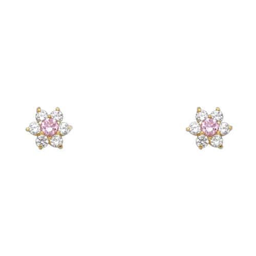 14K Yellow Gold Flower Cubic Zirconia Stud Earrings w/Screw(OCT)