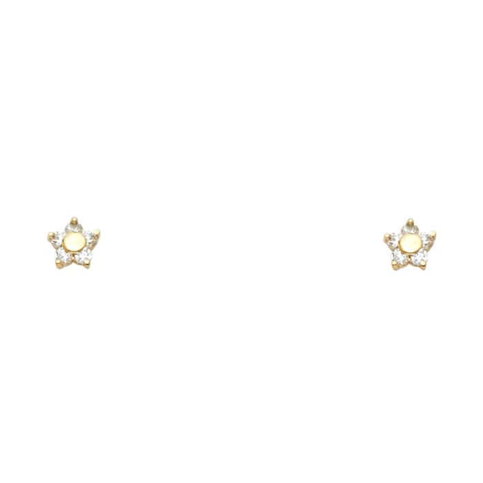 14K Yellow Gold Flower Cubic Zirconia Stud Earrings w/Screw