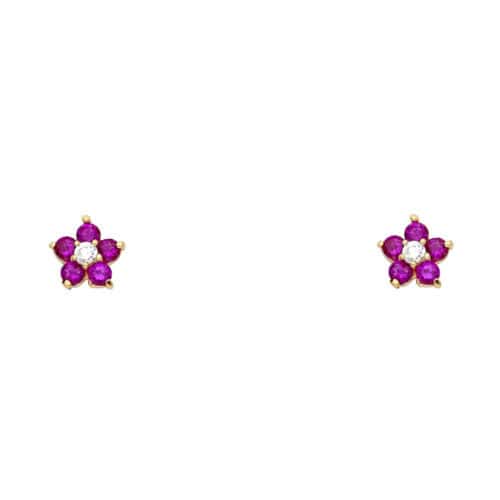 14K Yellow Gold Flower Red Cubic Zirconia Stud Earrings w/Screw