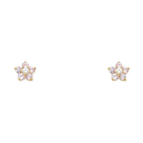 14K Yellow Gold Flower Pink Cubic Zirconia Stud Earrings w/Screw