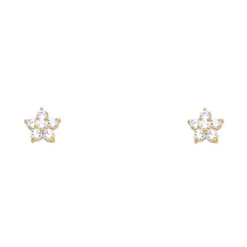 14K Yellow Gold Flower Cubic Zirconia Stud Earrings w/Screw
