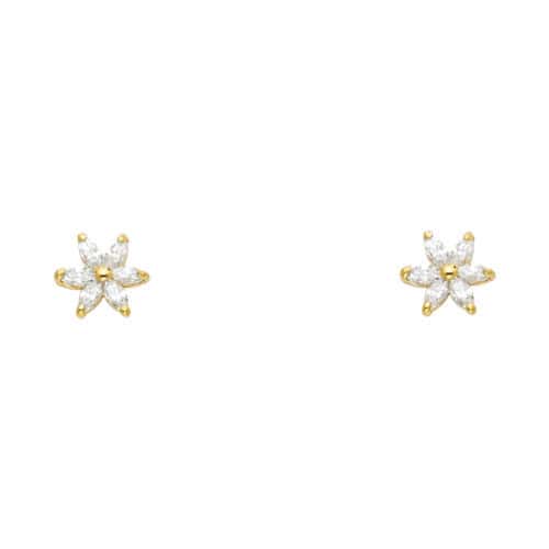 14K Yellow Gold Flower Cubic Zirconia Stud Earrings w/Screw