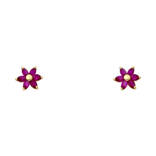 14K Yellow Gold Flower Red Cubic Zirconia Stud Earrings w/Screw