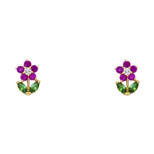 14K Yellow Gold Flower Cubic Zirconia Stud Earrings w/Screw
