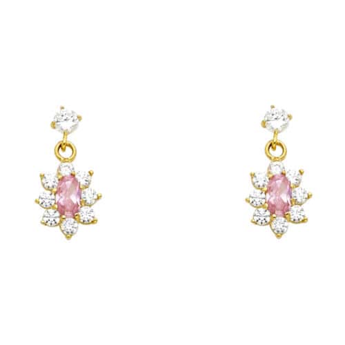 14K Yellow Gold HANGING FLOWE Pink Cubic Zirconia Stud Earrings w/Screw
