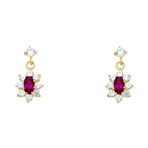 14K Yellow Gold HANGING FLOWER Red Cubic Zirconia Stud Earrings w/Screw