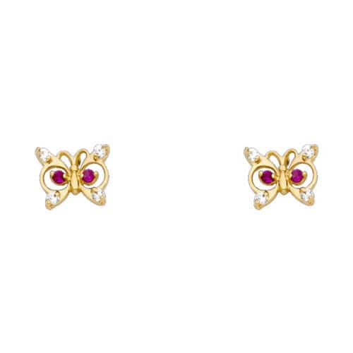 14K Yellow Gold Butterfly Red Cubic Zirconia Stud Earrings w/Screw