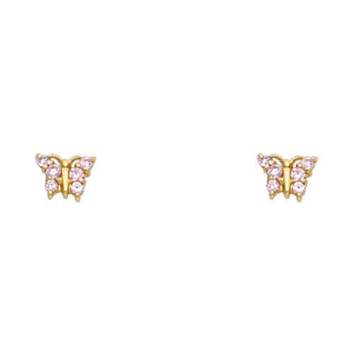 14K Yellow Gold Butterfly Pink Cubic Zirconia Stud Earrings w/Screw