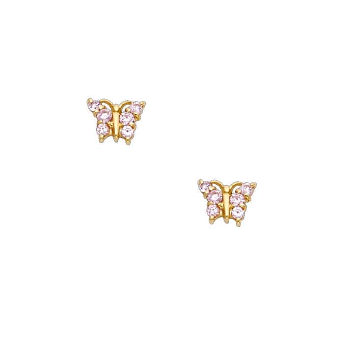14K Yellow Gold Butterfly Pink Cubic Zirconia Stud Earrings w/Screw - Image 2