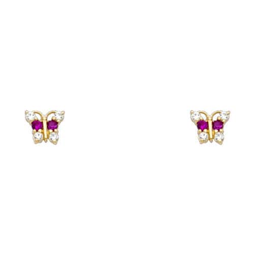 14K Yellow Gold Butterfly Red Cubic Zirconia Stud Earrings w/Screw