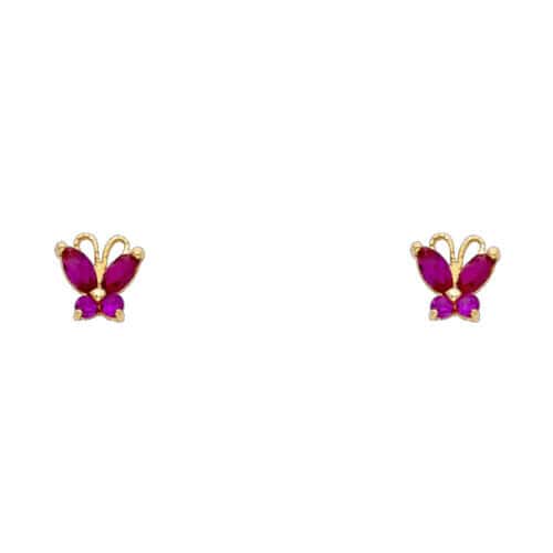 14K Yellow Gold Butterfly Red Cubic Zirconia Stud Earrings w/Screw