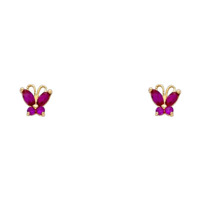 14K Yellow Gold Butterfly Red Cubic Zirconia Stud Earrings w/Screw