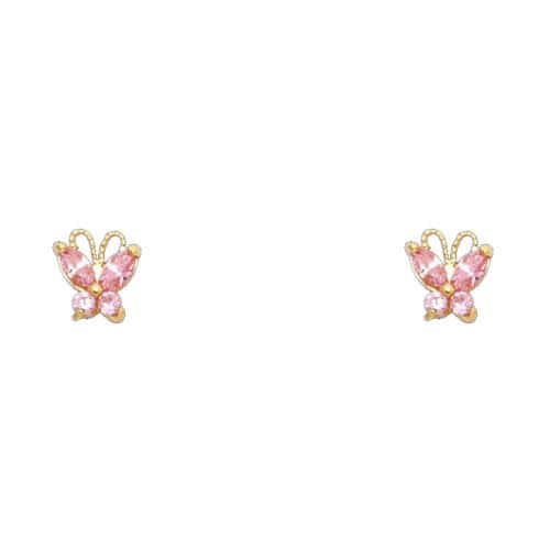 14K Yellow Gold ButterflyPink Cubic Zirconia Stud Earrings w/Screw