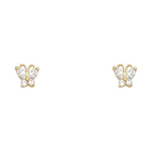 14K Yellow Gold Butterfly Cubic Zirconia Stud Earrings w/Screw
