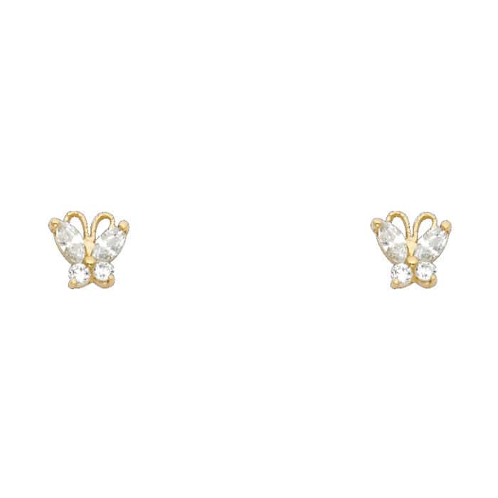 14K Yellow Gold Butterfly Cubic Zirconia Stud Earrings w/Screw