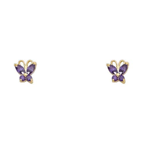 14K Yellow Gold Butterfly PURPLE Cubic Zirconia Stud Earrings w/Screw