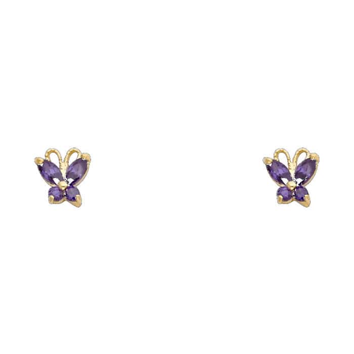 14K Yellow Gold Butterfly PURPLE Cubic Zirconia Stud Earrings w/Screw
