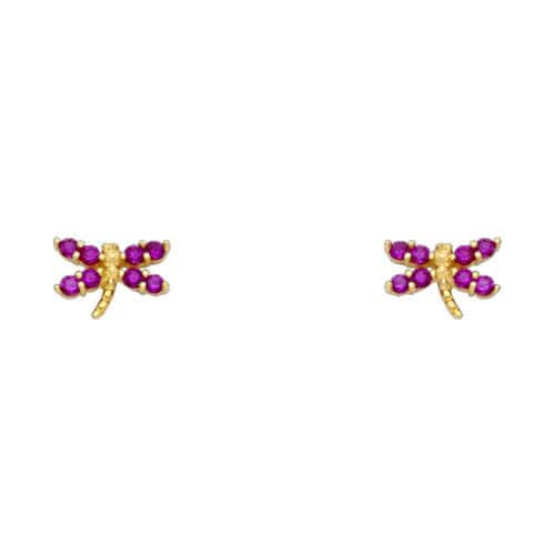 14K Yellow Gold DRAGONFLY Red Cubic Zirconia Stud Earrings w/Screw