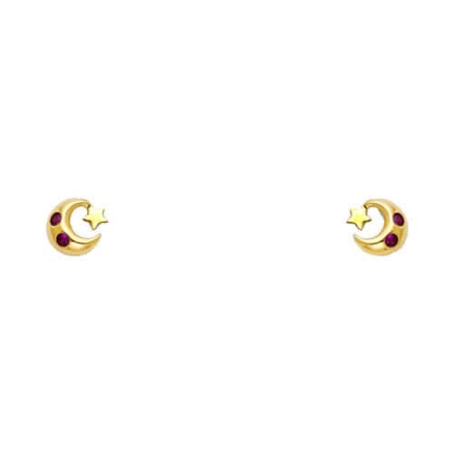 14K Yellow Gold Moon & Star Red Cubic Zirconia Stud Earrings w/Screw
