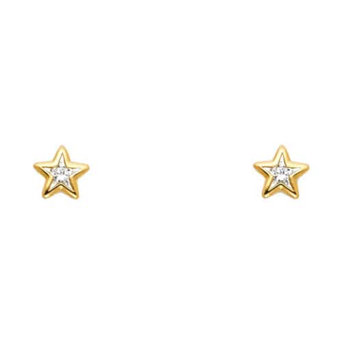 14K Yellow Gold Star Cubic Zirconia Stud Earrings w/Screw