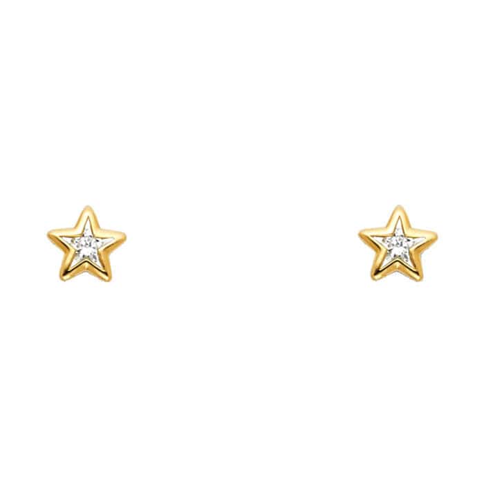 14K Yellow Gold Star Cubic Zirconia Stud Earrings w/Screw