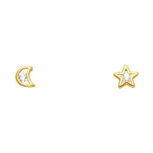 14K Yellow Gold Moon & Star Cubic Zirconia Stud Earrings w/Screw