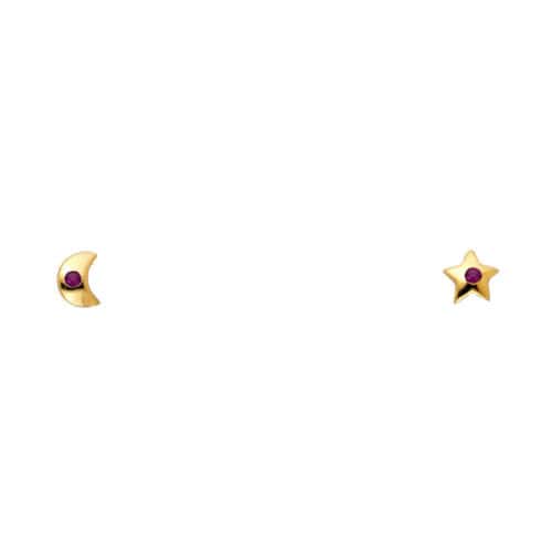 14K Yellow Gold Red Cubic Zirconia Moon & Star Stud Earrings w/Screw