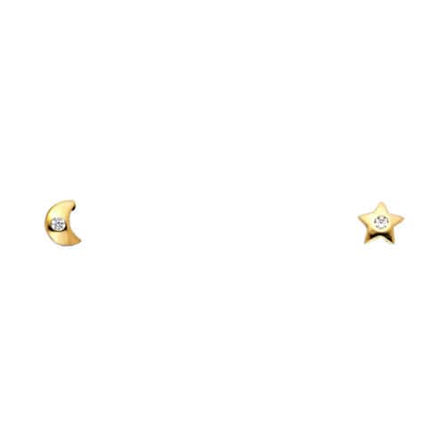 14K Yellow Gold Cubic Zirconia Moon & Star Stud Earrings w/Screw