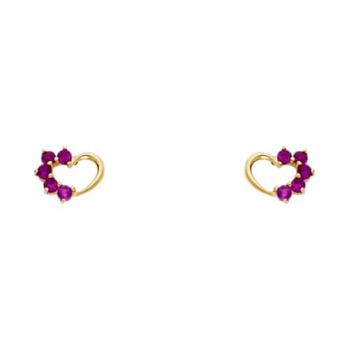 14K Yellow Gold Heart Red Cubic Zirconia Stud Earrings w/Screw