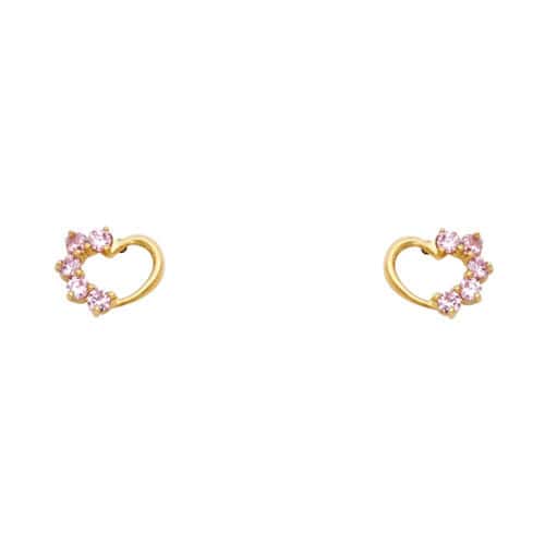 14K Yellow Gold Heart Cubic Zirconia Stud Earrings w/Screw