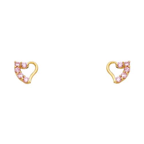 14K Yellow Gold Heart Pink Cubic Zirconia Stud Earrings w/Screw