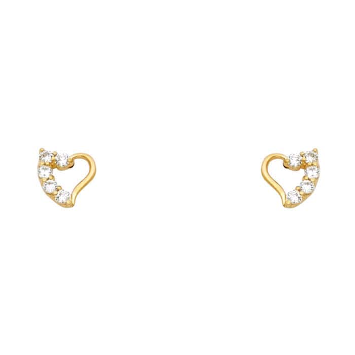 14K Yellow Gold Heart Cubic Zirconia Stud Earrings w/Screw