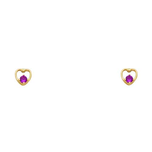 14K Yellow Gold Heart Red Cubic Zirconia Stud Earrings w/Screw