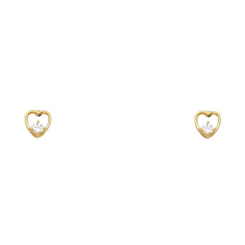 14K Yellow Gold Heart Cubic Zirconia Stud Earrings w/Screw