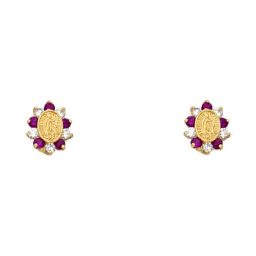 14K Yellow Gold Red Cubic Zirconia Guadalupe Stud Earrings w/Screw