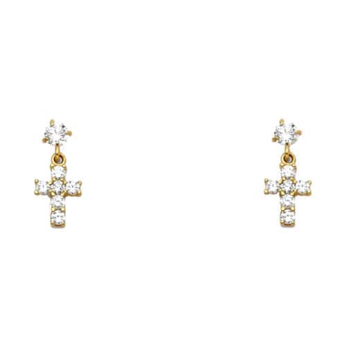 14K Yellow Gold Cross Cubic Zirconia Stud Earrings w/Screw