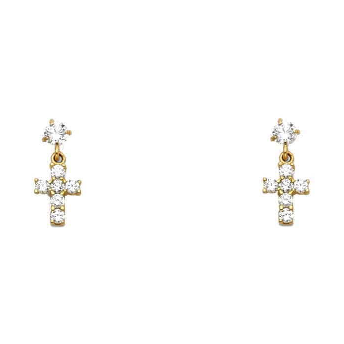 14K Yellow Gold Cross Cubic Zirconia Stud Earrings w/Screw