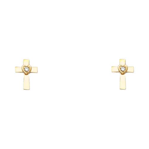 14K Yellow Gold Cubic Zirconia Cross Stud Earrings w/Screw