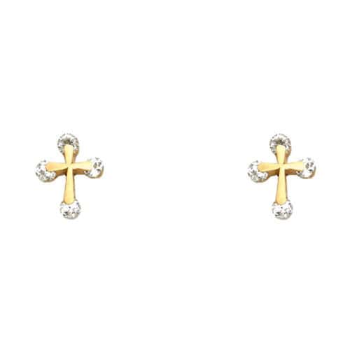 14K Yellow Gold Cubic Zirconia Cross Stud Earrings w/Screw