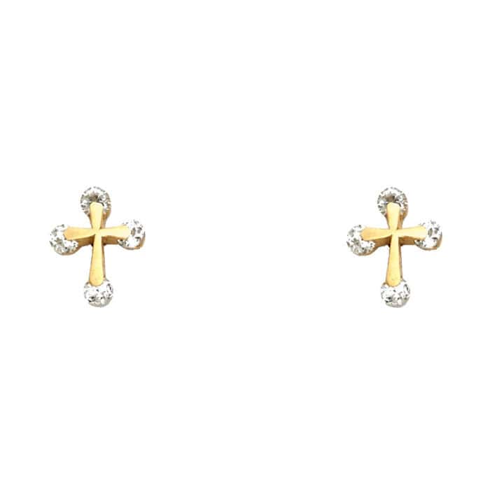 14K Yellow Gold Cubic Zirconia Cross Stud Earrings w/Screw