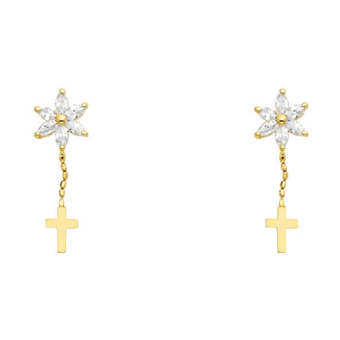 14K Yellow Gold Cubic Zirconia Dangel Stud Earrings w/Screw