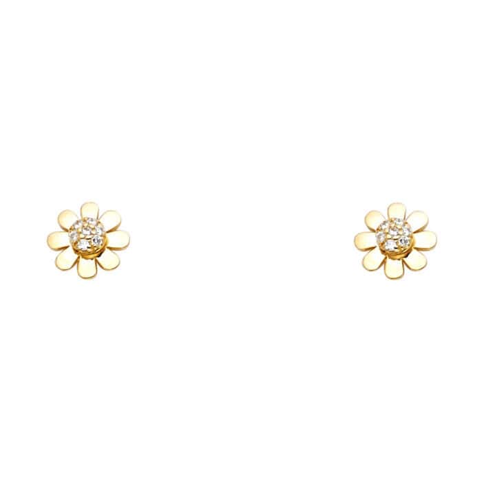 14K Yellow Gold Sun Flower Cubic Zirconia Stud Earrings w/Screw