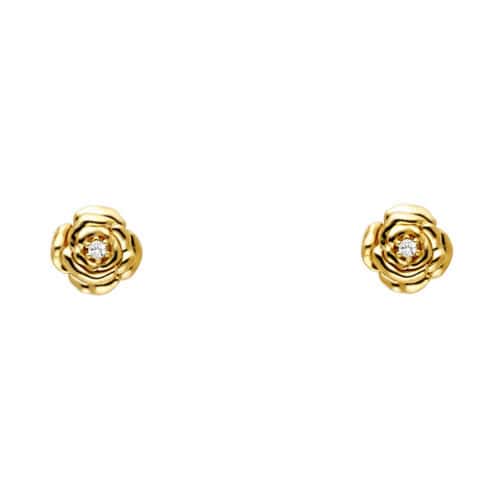 14K Yellow Gold Flower Cubic Zirconia Stud Earrings w/Screw